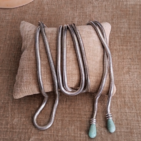 Continuous Snake Silver Tone Chain with Green Stone Ends Necklace - Picture 3 of 4